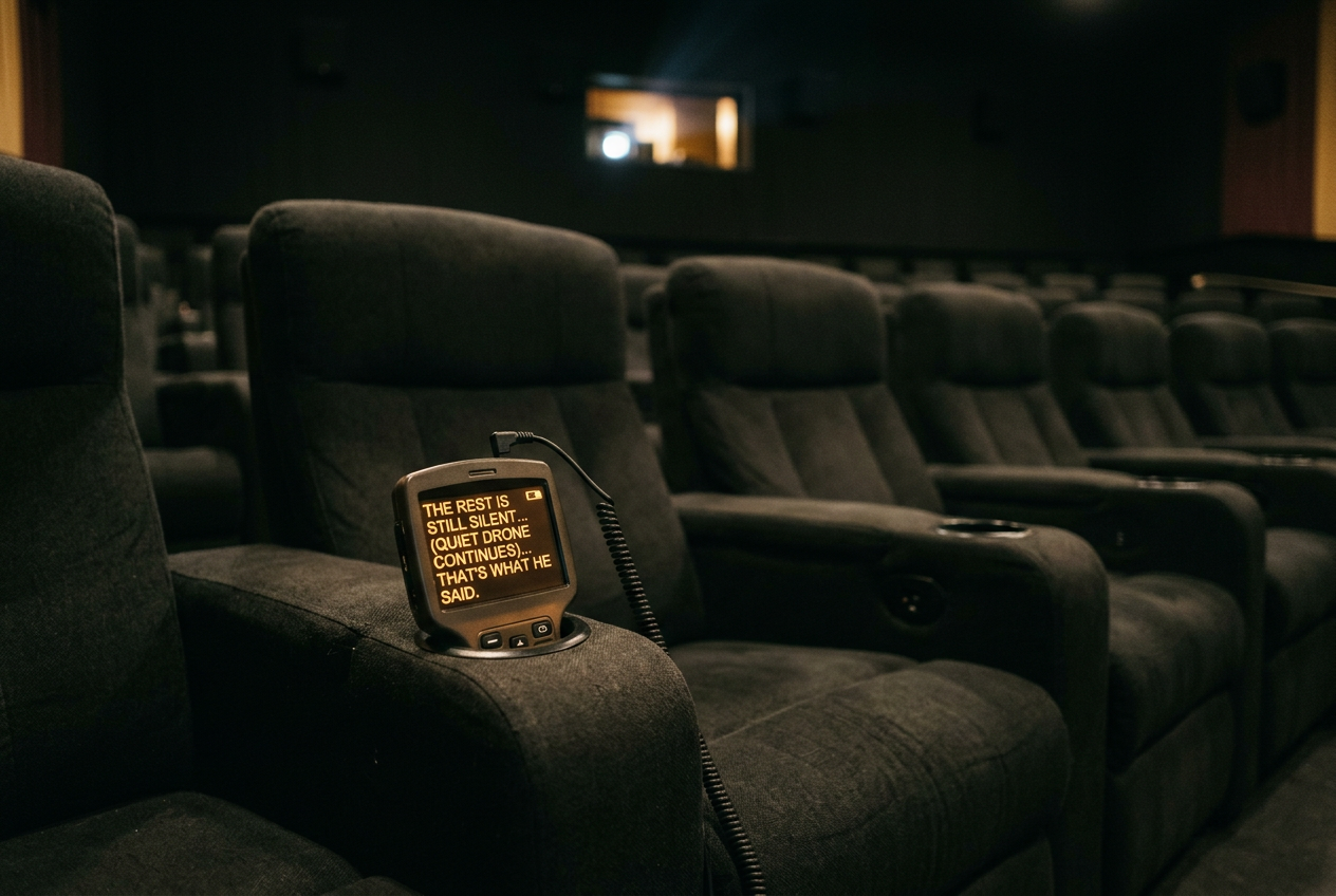 An empty premium cinema auditorium with a caption device resting beside a center-row seat.