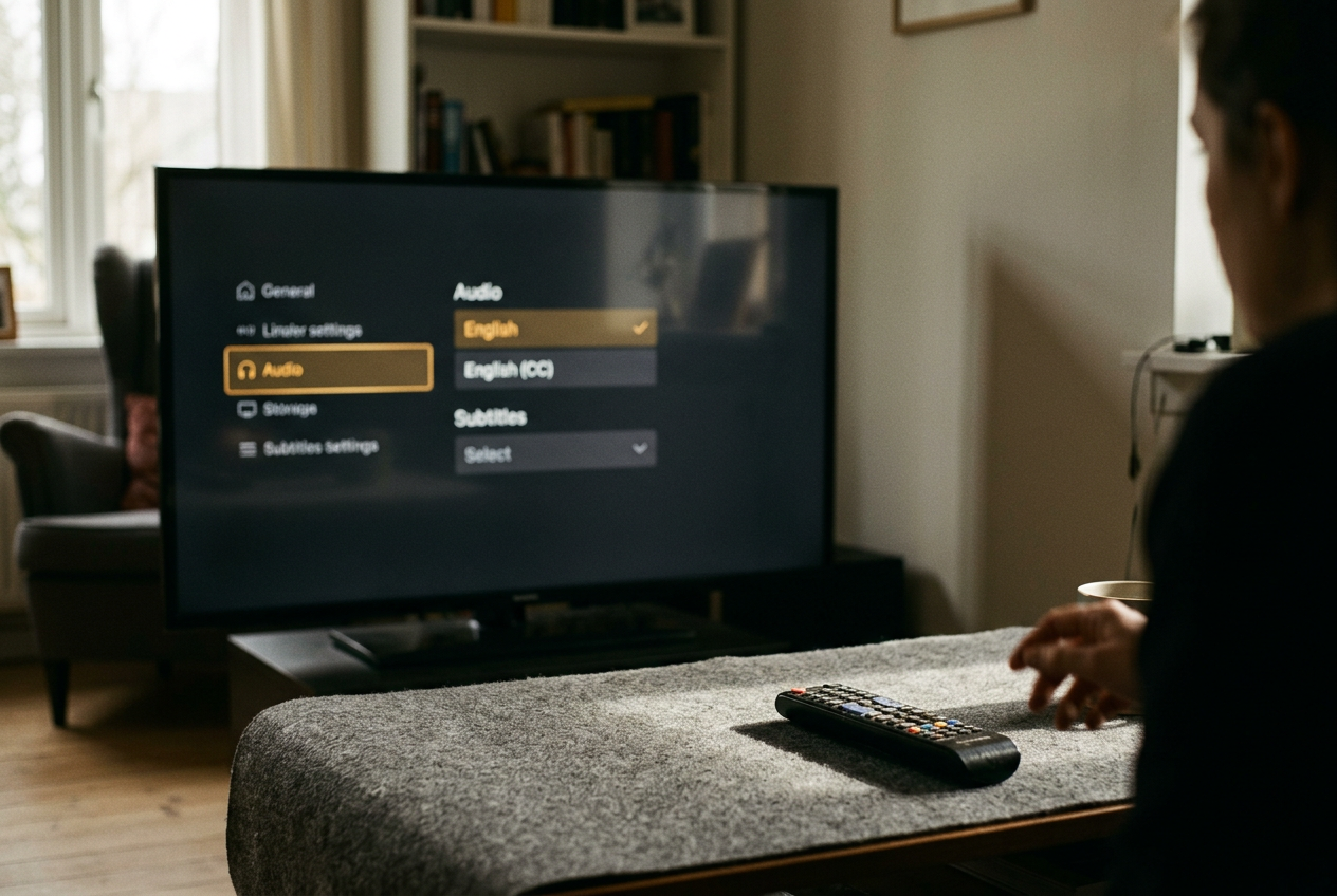 A television language menu showing English, English CC and English SDH subtitle options beside a remote.
