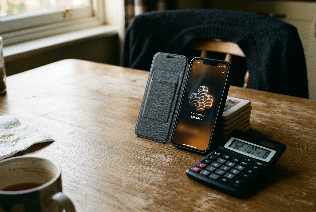 A phone showing a vertical episode unlock prompt beside a calculator with a coin total.