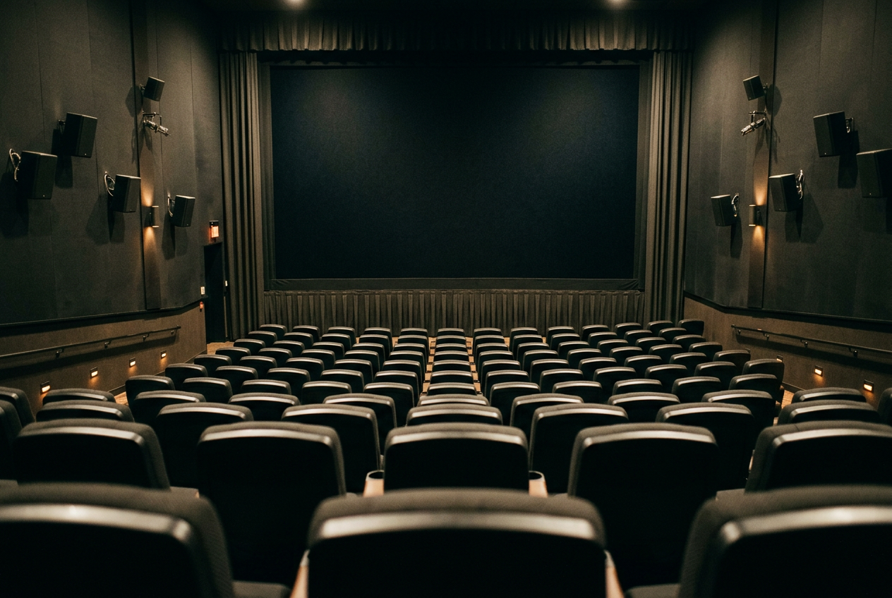 An empty premium movie auditorium with a large screen and centered rows of seats.