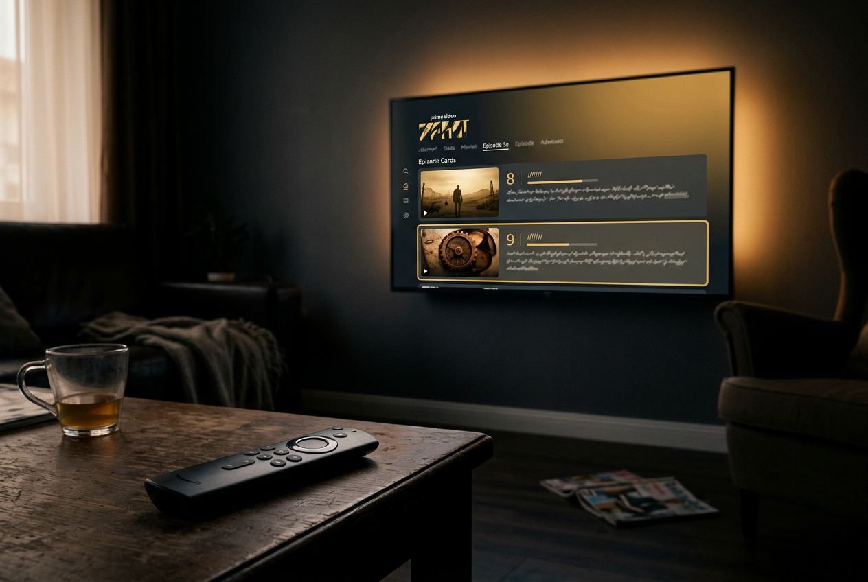 A television displaying the Fallout page on Prime Video beside a remote and a handwritten season-one episode list.