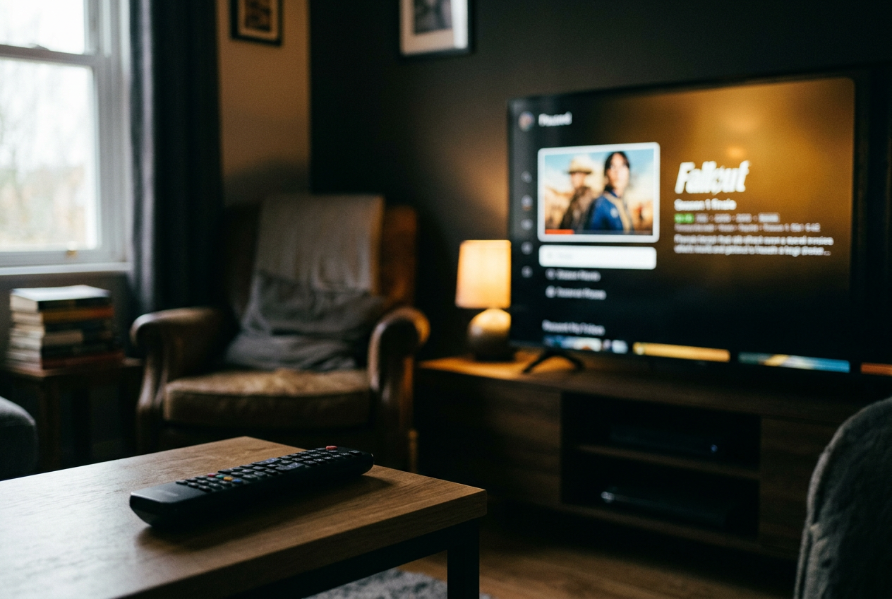 A television displaying the Fallout page on Prime Video beside a remote and a notebook marked season one finale.