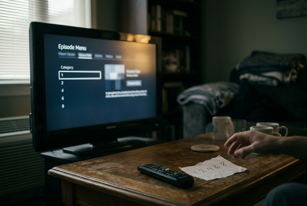 A television paused on Fallout’s Prime Video episode menu beside a remote and notebook.