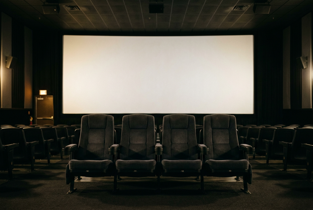 A theater auditorium with a large blank screen and four empty seats centered in the front rows.