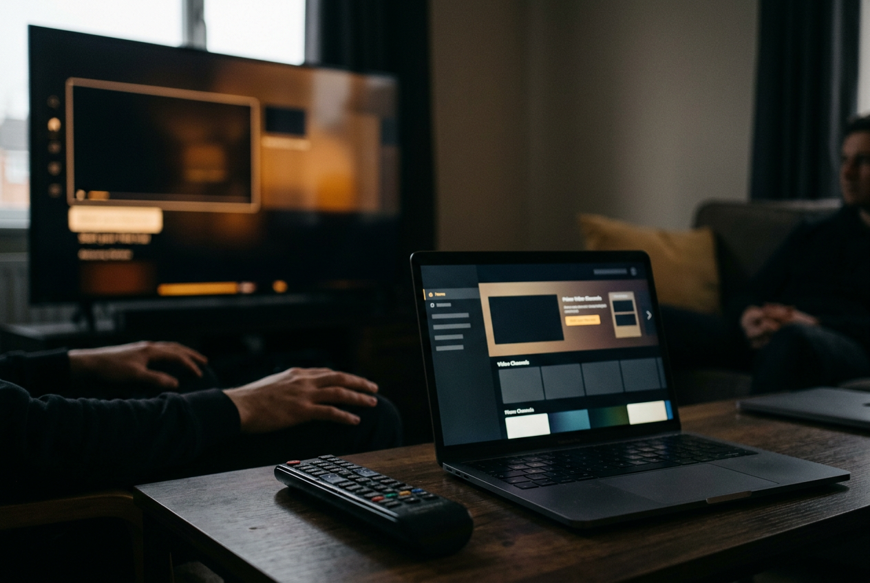 A television showing a Prime Video title page beside a laptop open to the Amazon subscriptions page.