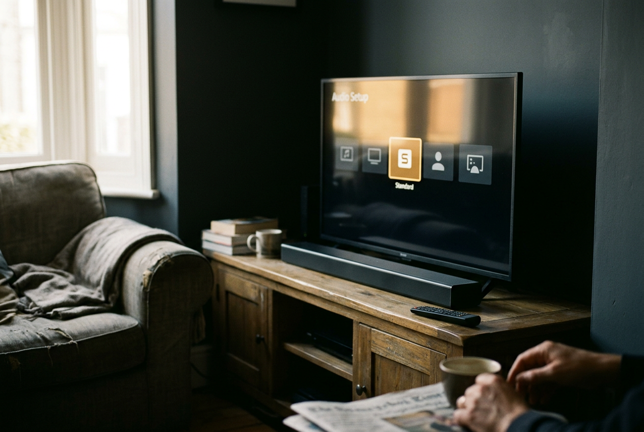 A television showing an audio settings menu beside a remote and compact soundbar in a dim living room.