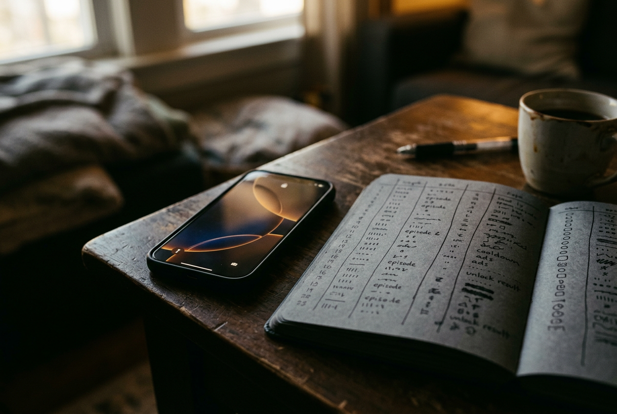 A phone showing a FlexTV episode lock beside a handwritten ledger of ads, cooldowns and episode numbers.