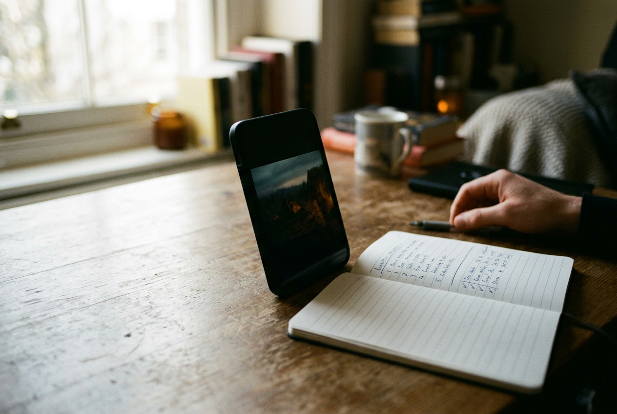 A phone showing a locked vertical episode beside a notepad with separate episode and interruption counts.