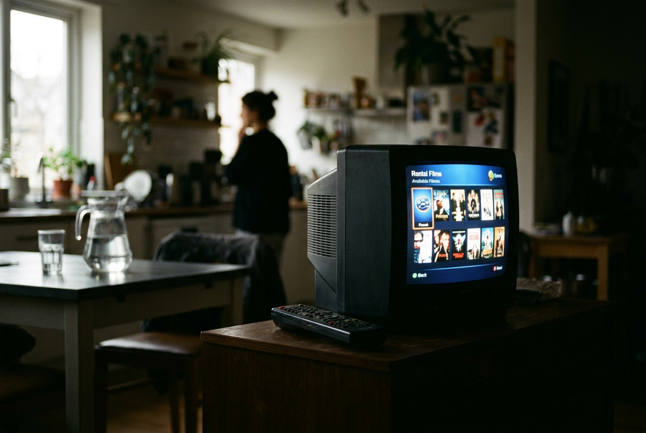 A television paused on a movie menu beside a remote and a glass pitcher on a kitchen table.