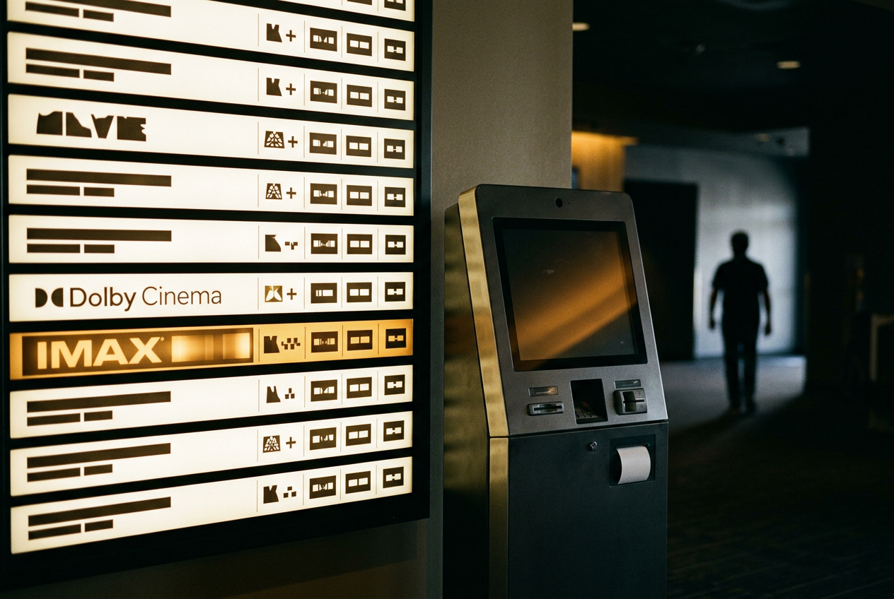 A Dolby Cinema entrance and an IMAX showtime board in a multiplex lobby.