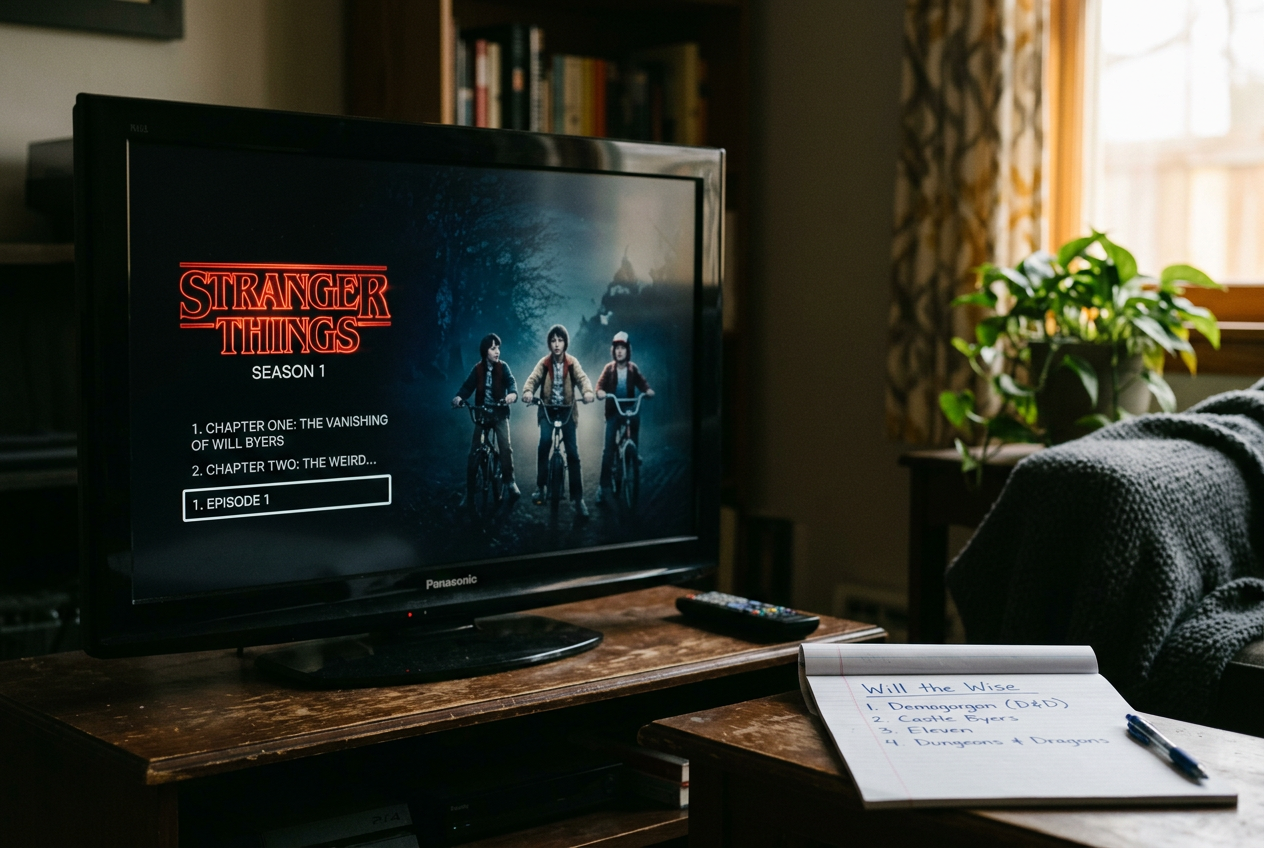A television paused on the Stranger Things episode menu beside a remote and a handwritten four-episode list.