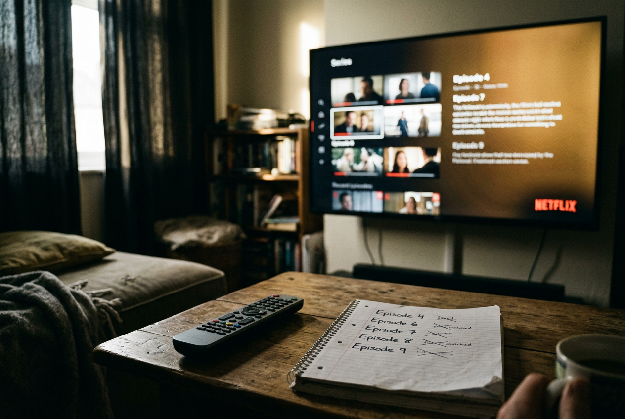 A television showing the Stranger Things season-four menu beside a remote and a handwritten four-episode watch list.