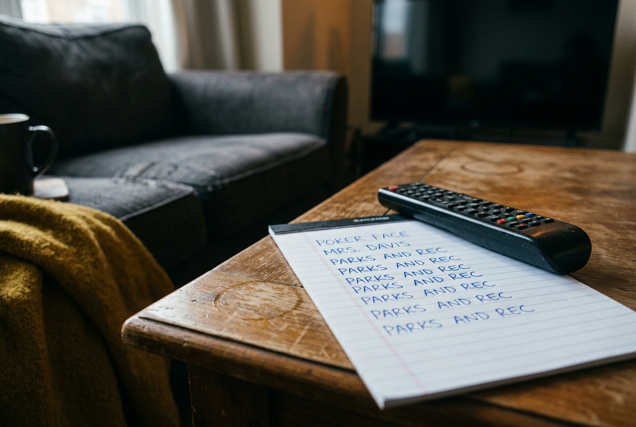 A television displaying the Peacock home screen beside a remote and a handwritten three-show watchlist.