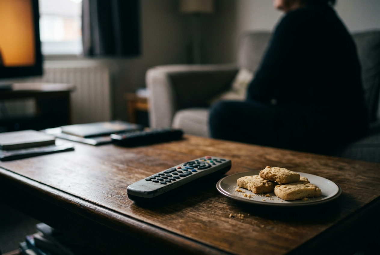 A television remote beside shortbread biscuits, suggesting a four-episode Ted Lasso commitment test.