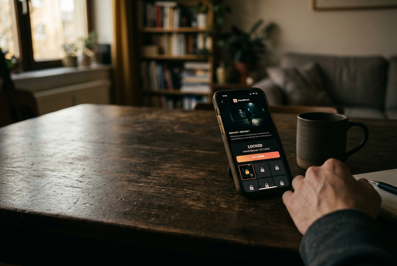 A phone showing a locked GoodShort episode beside its subscription and coin purchase options.