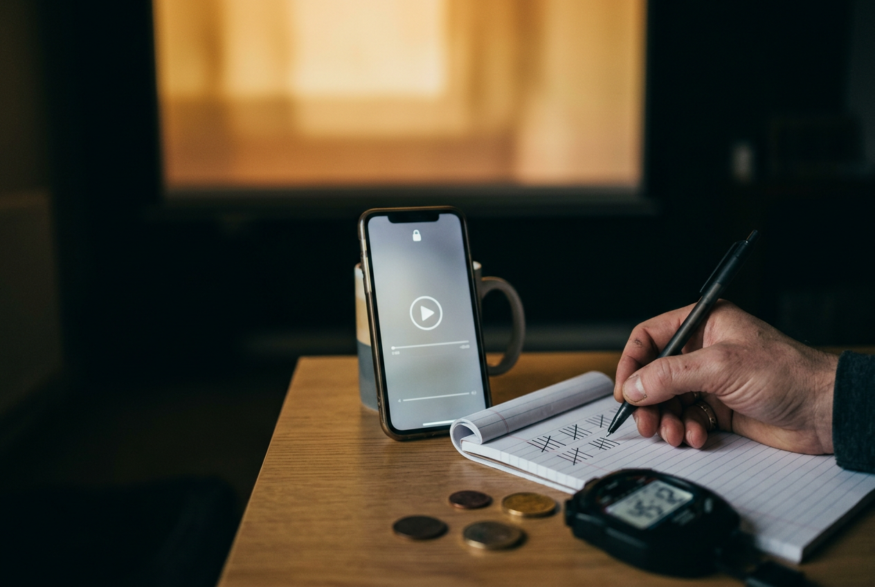 A phone showing a locked vertical episode beside handwritten coin, tap and elapsed-time counts.