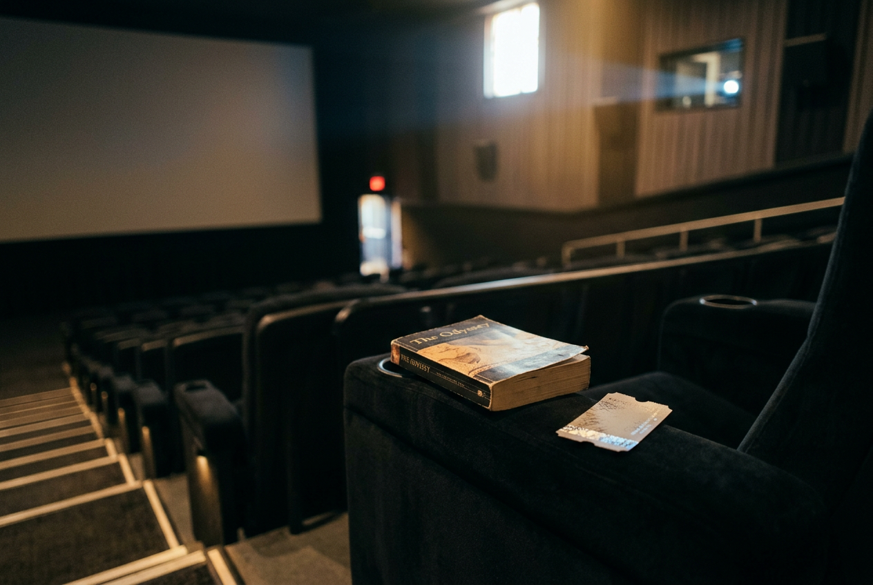 A paperback copy of The Odyssey beside an unused premium-format cinema ticket in an empty auditorium.