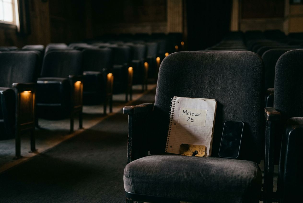 A notebook, theater ticket and phone on an empty cinema seat after a screening.