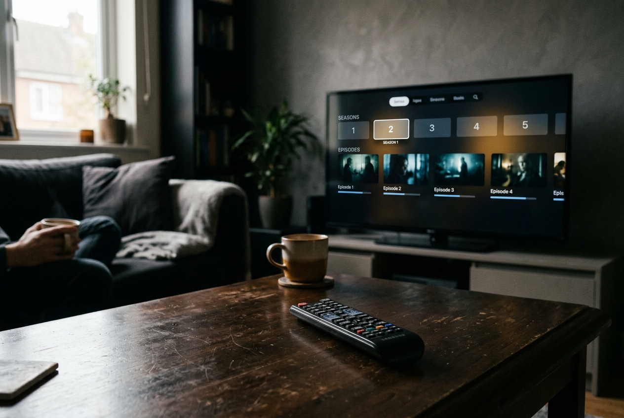 A television displaying a Hulu series page with the season selector open beside a remote.