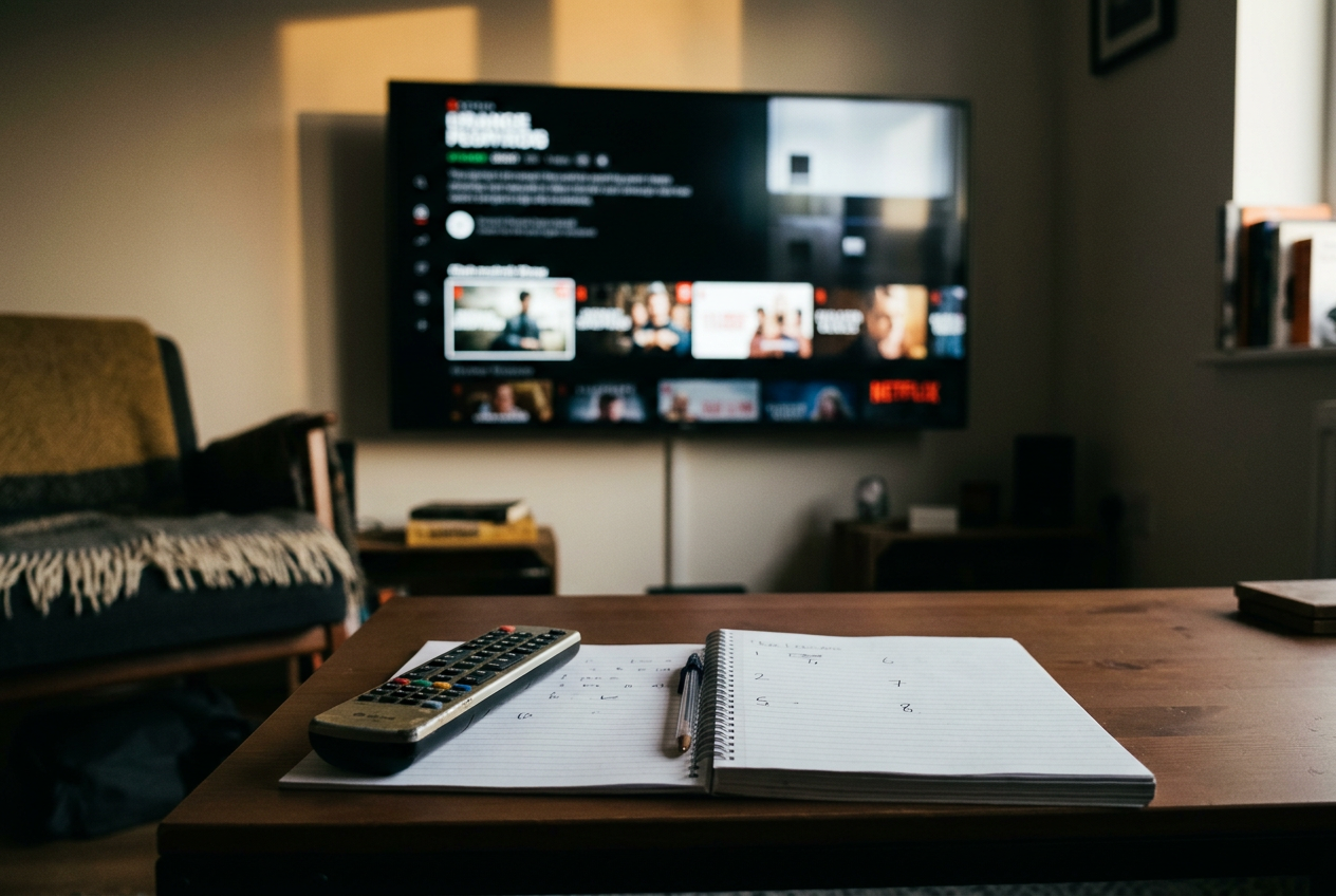 A television paused on a Lioness episode menu beside a remote and a notebook listing five episode numbers.