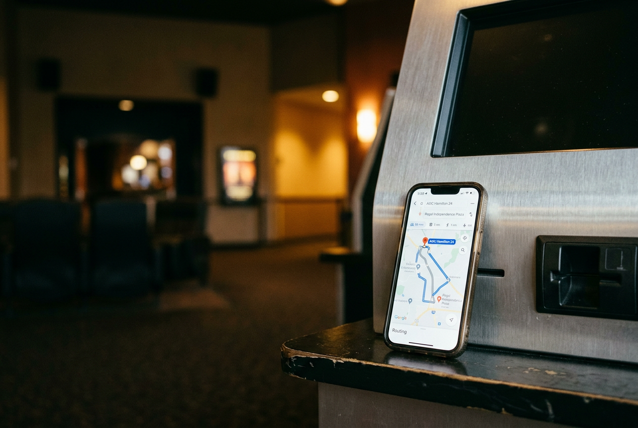 A New Jersey multiplex entrance with AMC and Regal routes marked on a phone map beside an unused ticket screen.