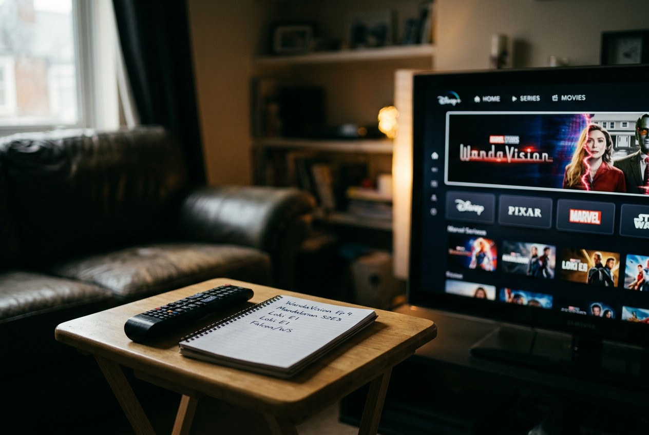 A television paused on the Disney+ Marvel menu beside a remote and a handwritten four-show watch order.