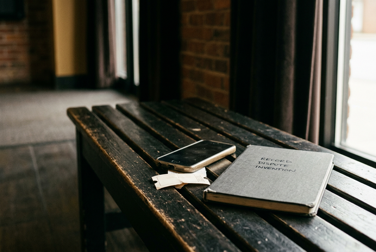 A phone, cinema ticket and open notebook arranged on an empty lobby bench for checking a biopic’s claims.