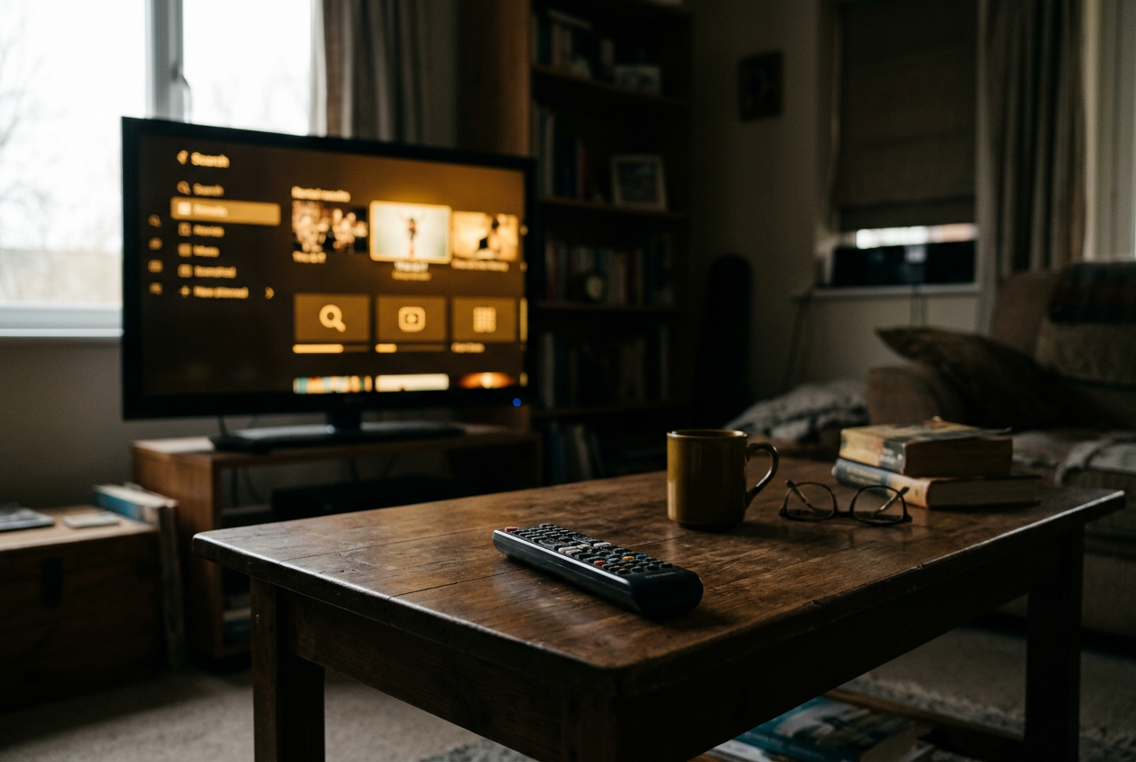 A remote beside a television displaying digital rental and subscription results for Michael Jackson titles.