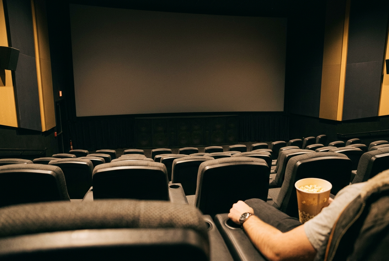 An empty premium-format auditorium viewed from a central seat, with the full screen and front speaker area visible.