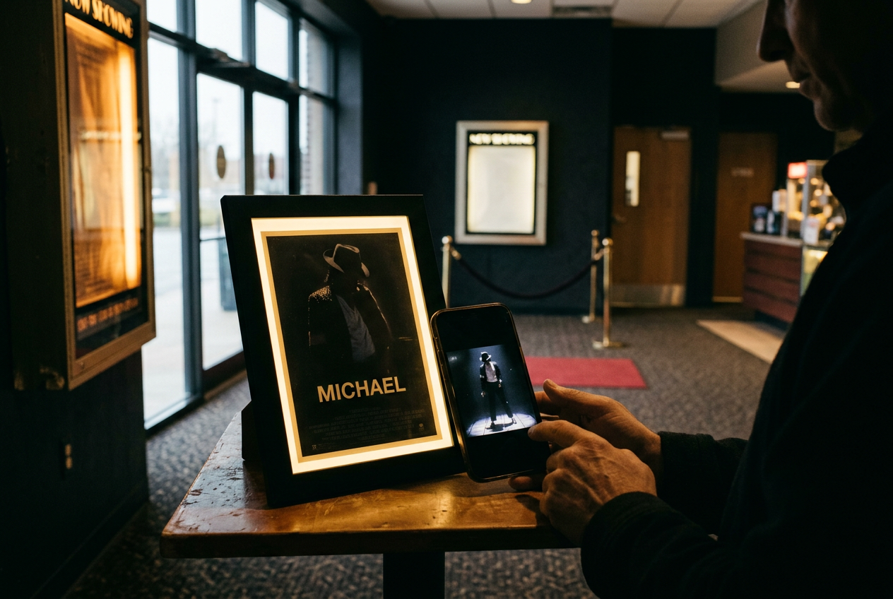 A theater display advertising Michael beside a phone showing the original Billie Jean performance