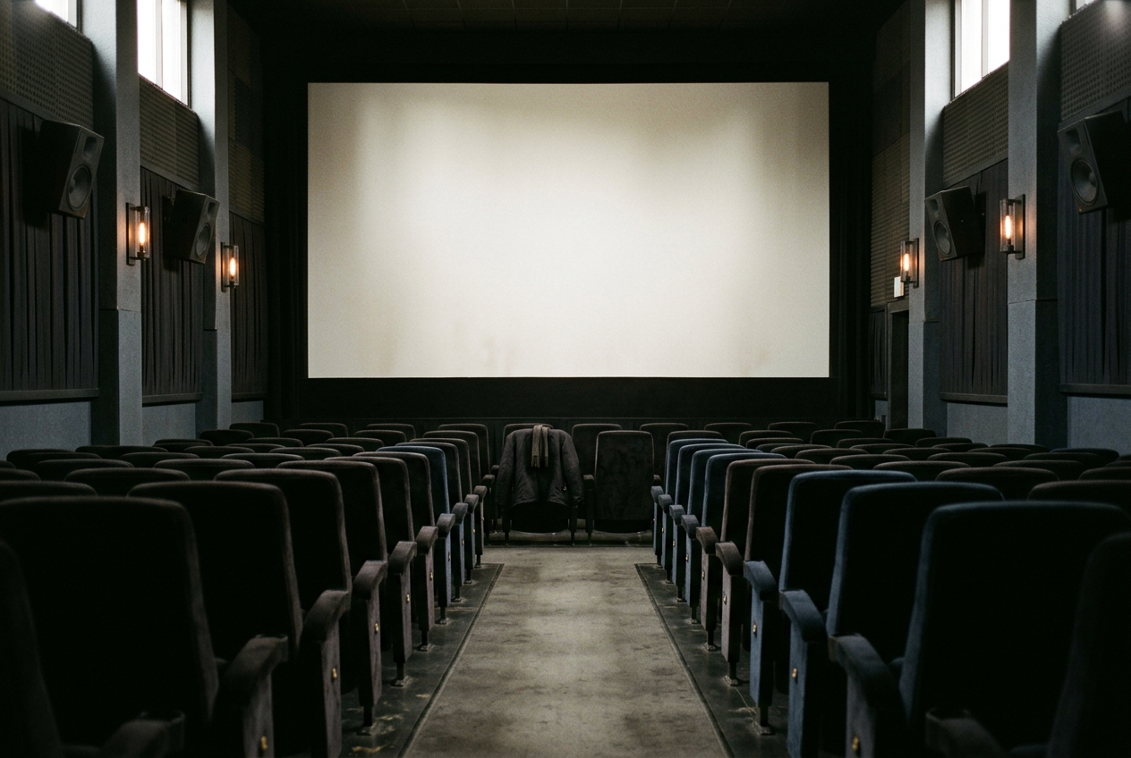 An empty premium cinema auditorium with a large screen and rows of centered seats.