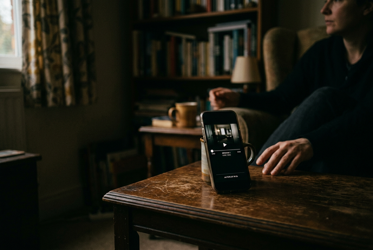 A phone propped upright on a table with a vertical drama paused at the episode-one marker.
