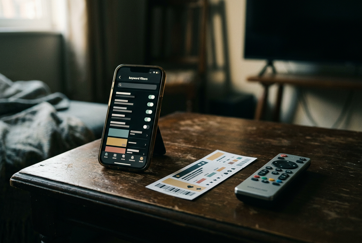 A phone displaying spoiler keyword settings beside a cinema ticket and television remote.