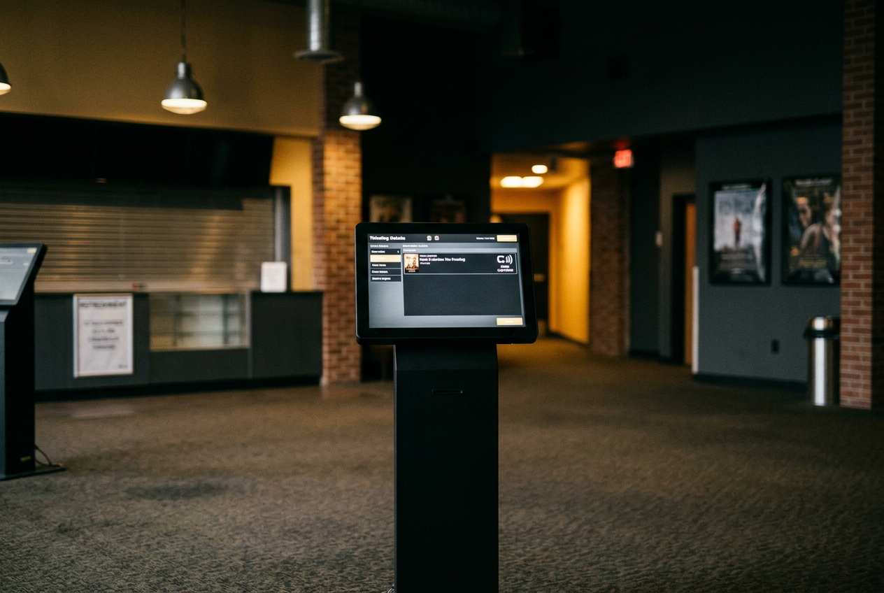 A theater booking screen displaying an Open Caption label beside one evening movie showtime.