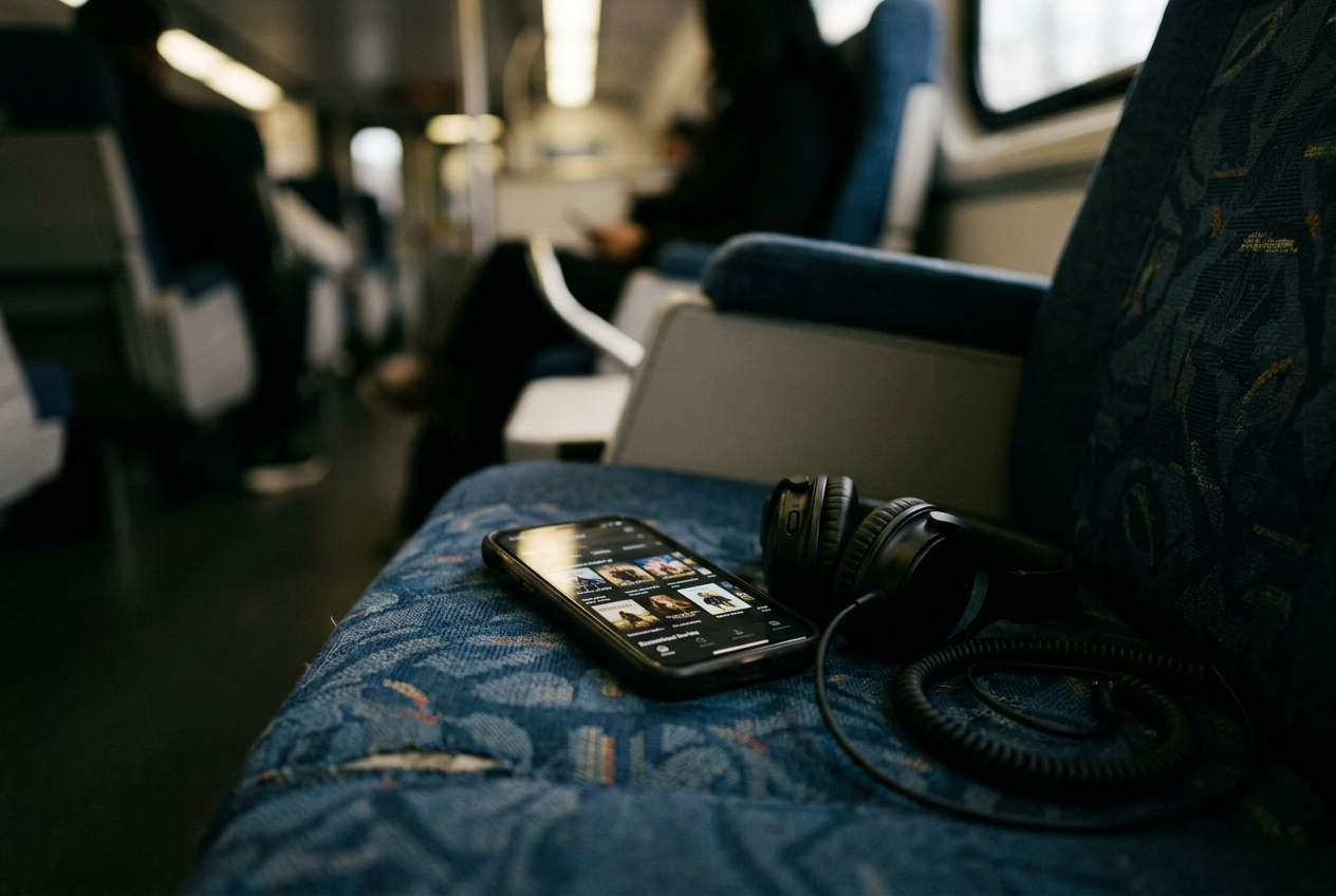 A phone beside headphones on a train seat, showing a downloaded movie with subtitles enabled.