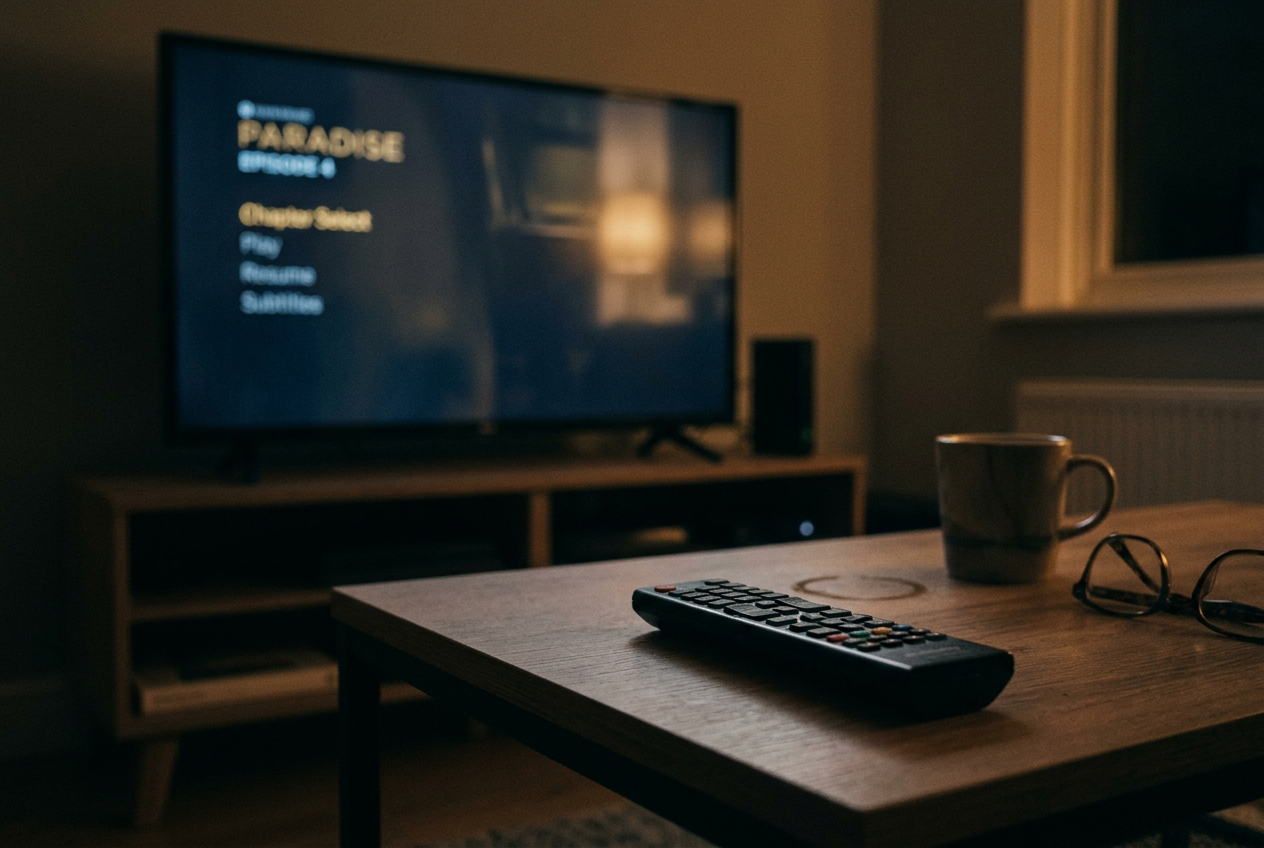A television paused on the Paradise episode menu beside a remote in a dim living room.
