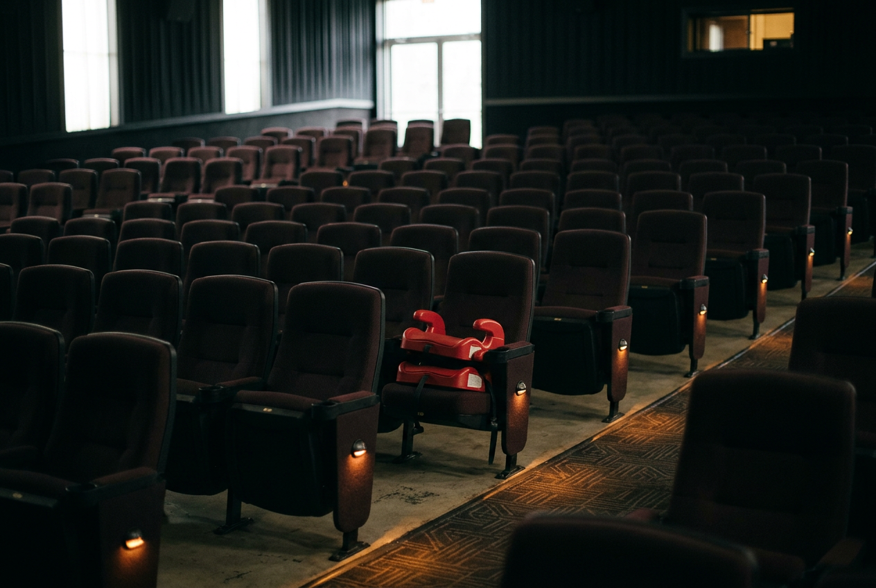 An empty family cinema auditorium with two booster seats placed near an aisle in the middle rows.