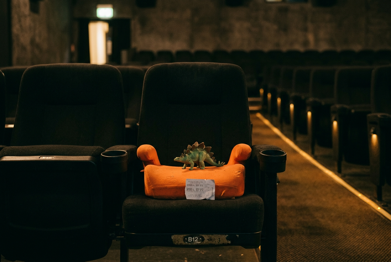 An empty movie theater seat with a booster cushion, a ticket stub and a small dinosaur toy.