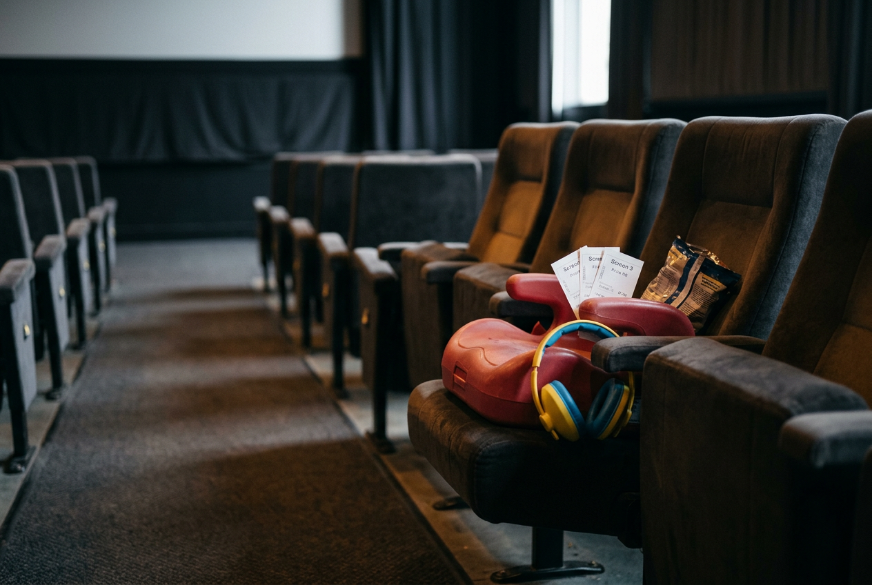 PAW Patrol movie tickets beside child-safe headphones and a booster seat in a cinema auditorium.