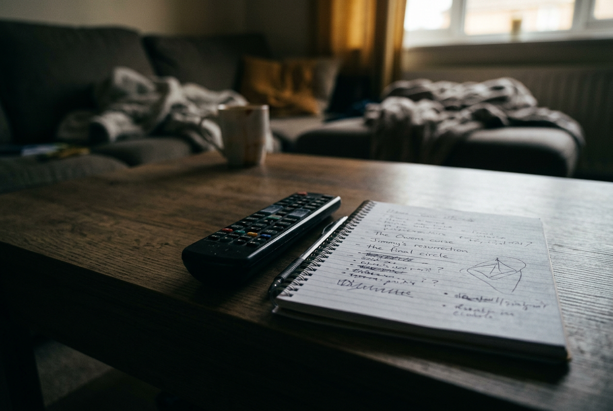 A remote beside a notebook listing the Owens curse, resurrection and the final circle.