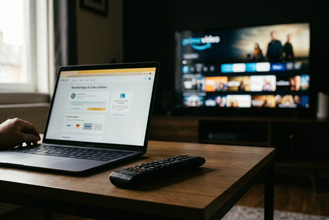 A television showing Prime Video beside a laptop open to an Amazon subscriptions page.
