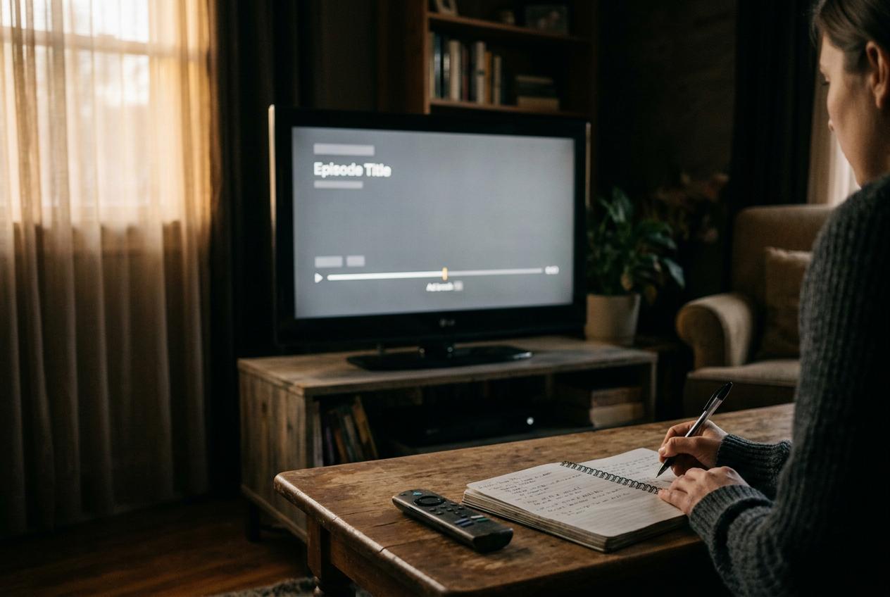 A television paused at an episode title card with a Prime Video remote on the table.