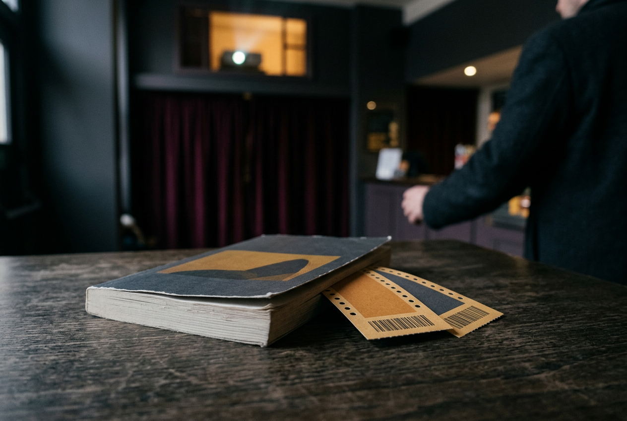 A paperback novel beside two cinema tickets and an unopened notebook on a small lobby table.