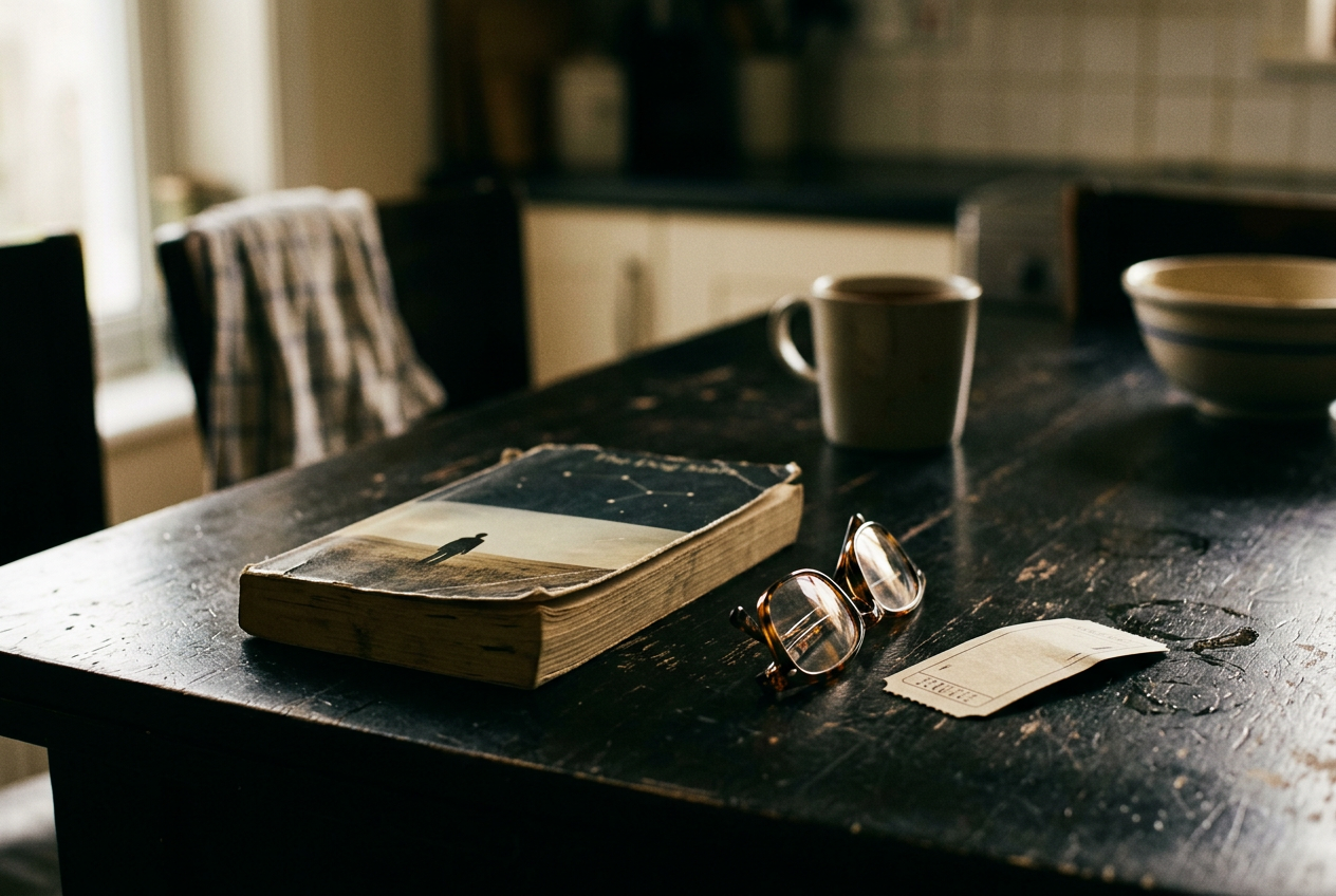 A copy of The Dog Stars beside folded reading glasses and an unused movie ticket on a kitchen table.