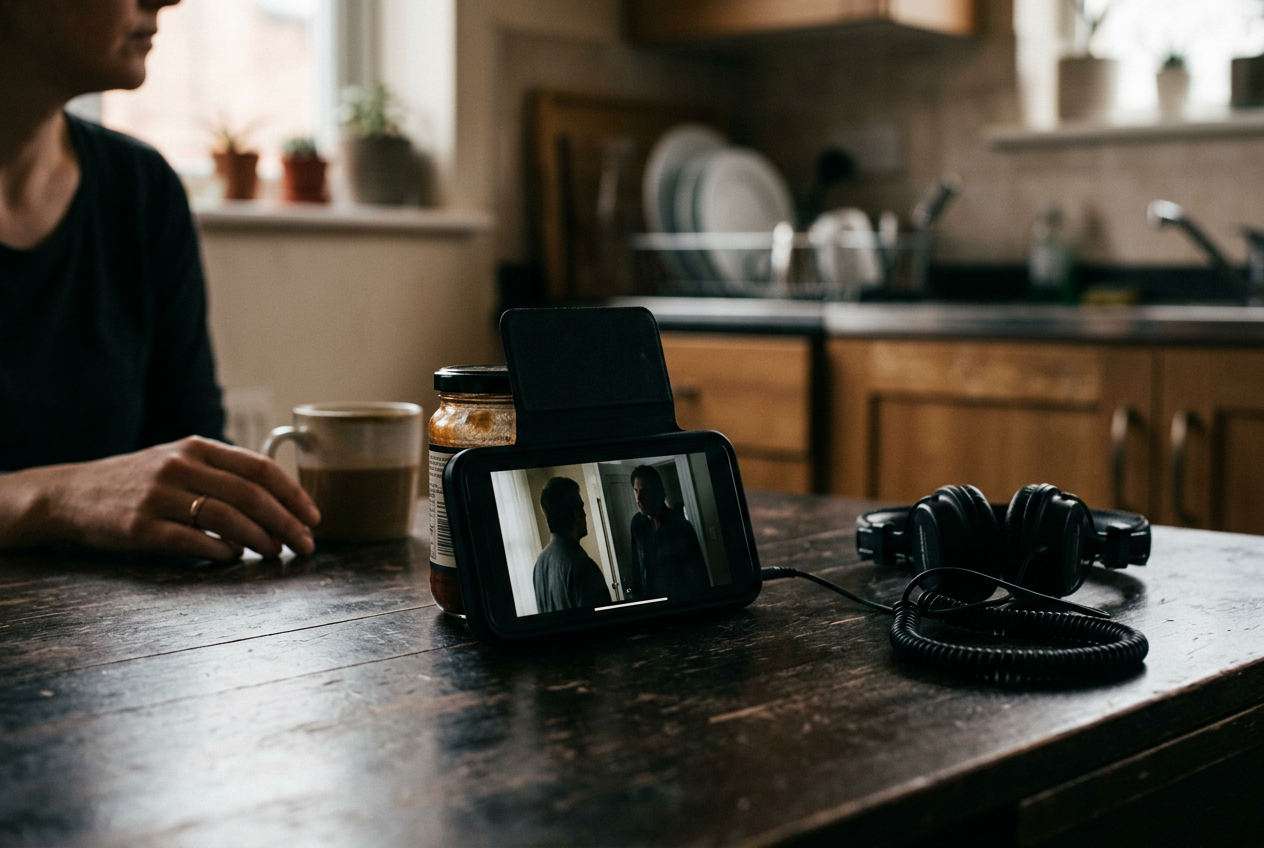 A phone propped on a table with a vertical drama paused on a captioned doorway confrontation.