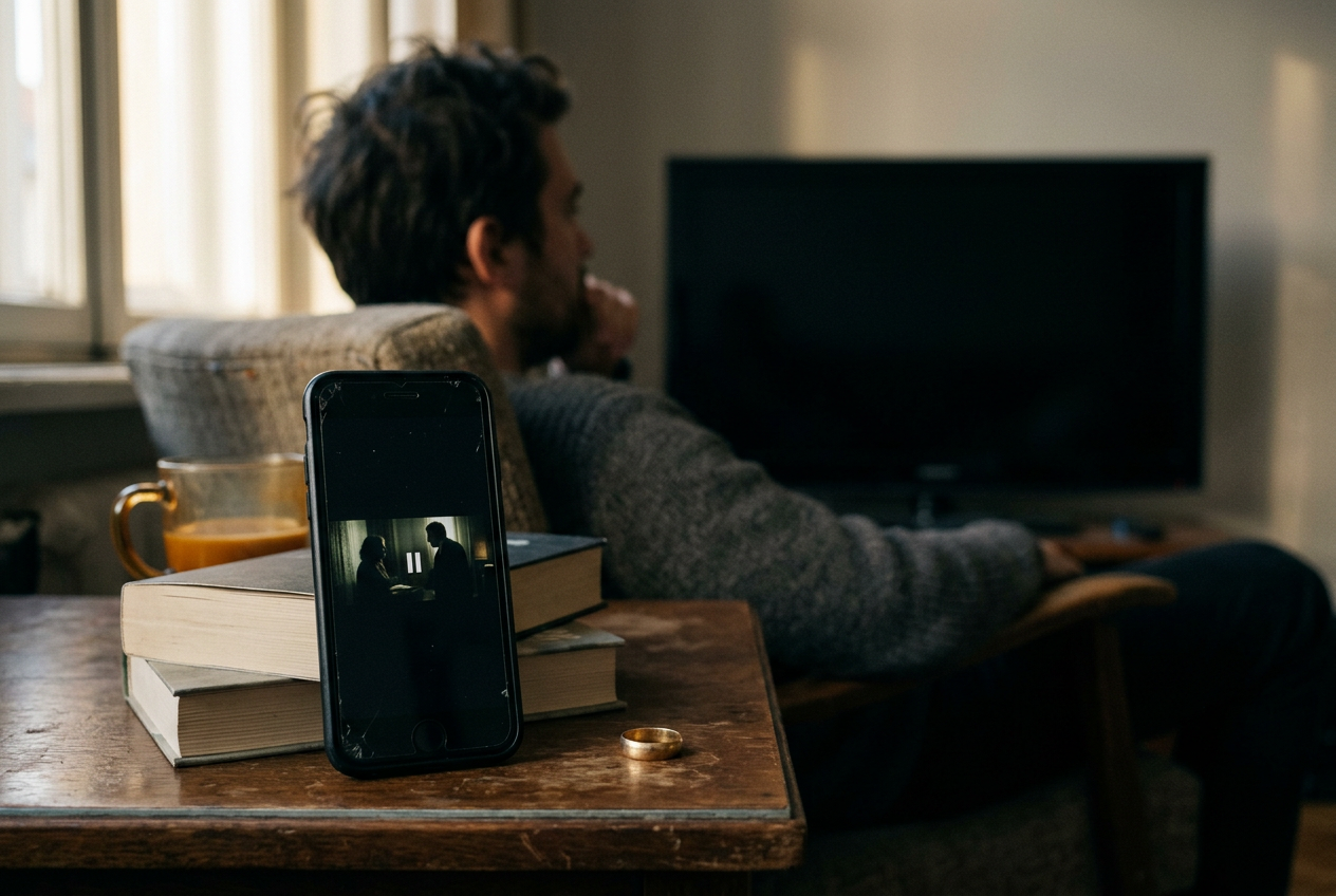A phone showing a locked vertical drama episode beside a wedding ring on a plain table.