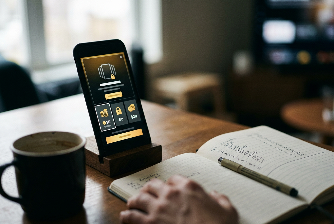 A phone showing a locked vertical episode beside a notebook with episode and coin totals.