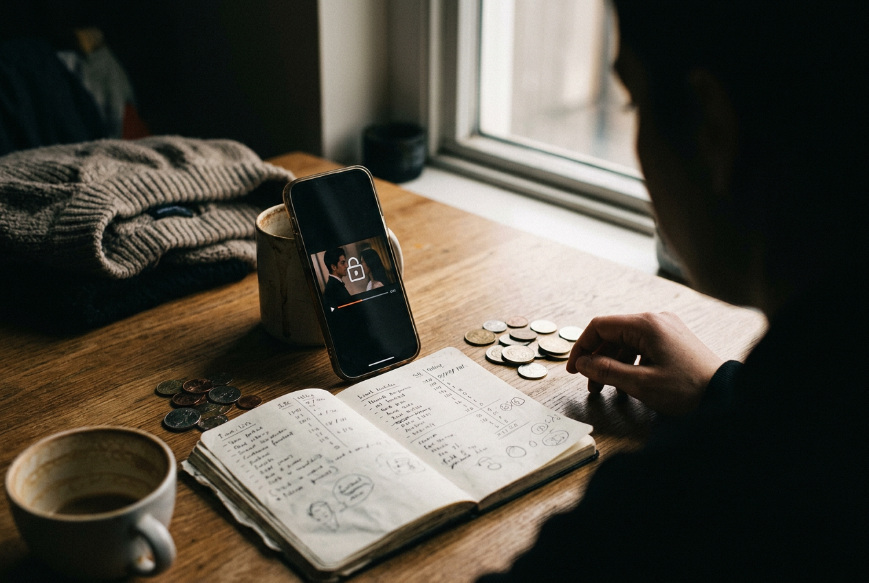 A phone on a table showing a ReelShort episode lock beside a notebook recording ads, coins and access.