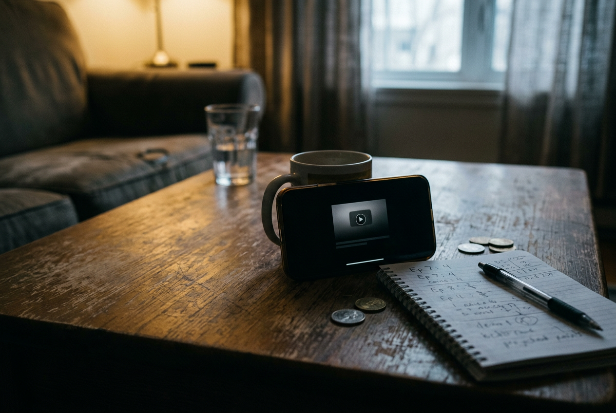 A phone propped on a table showing a locked ReelShort episode beside a notepad with episode and coin counts.