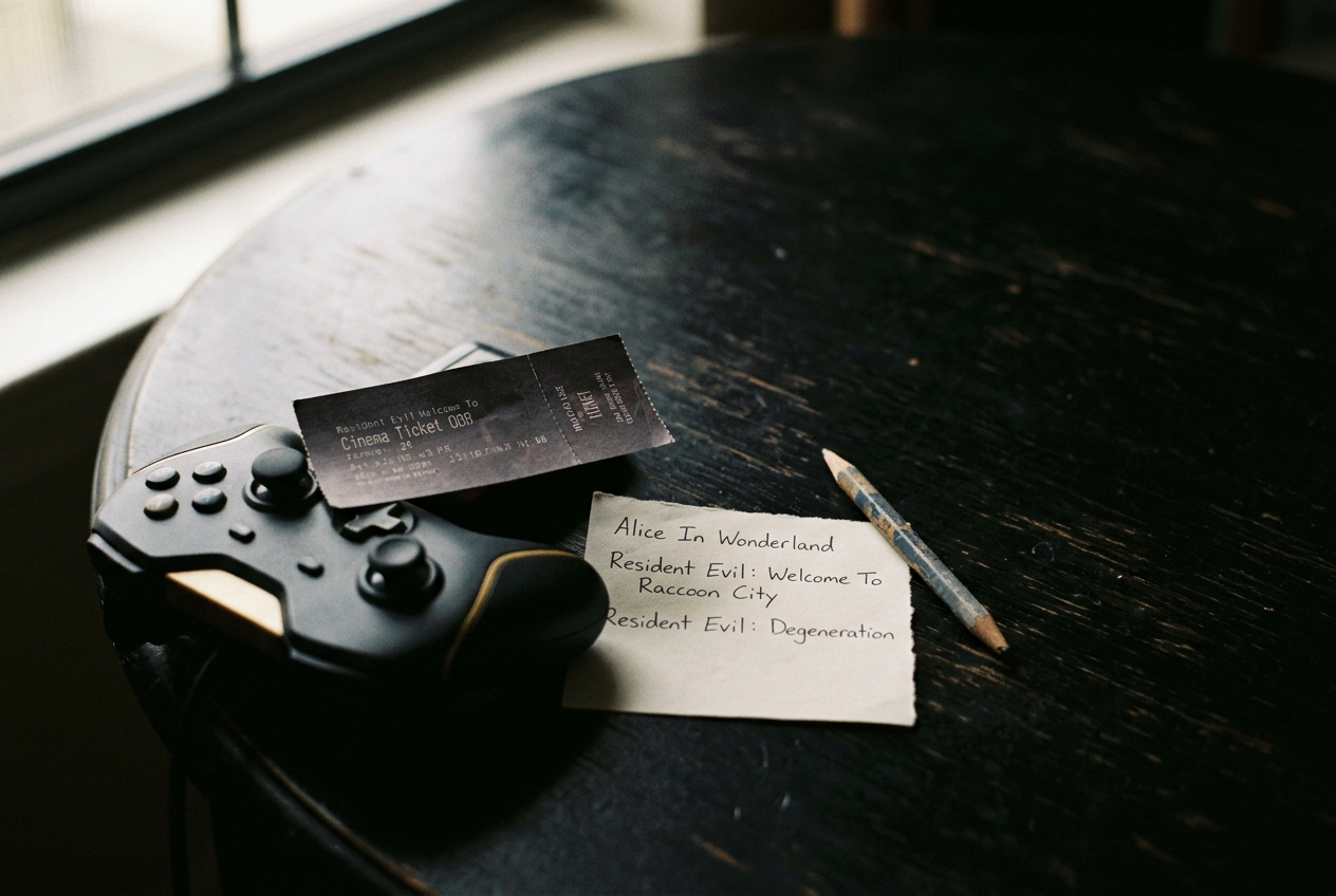 A cinema ticket beside a game controller and a handwritten list separating Resident Evil screen continuities.